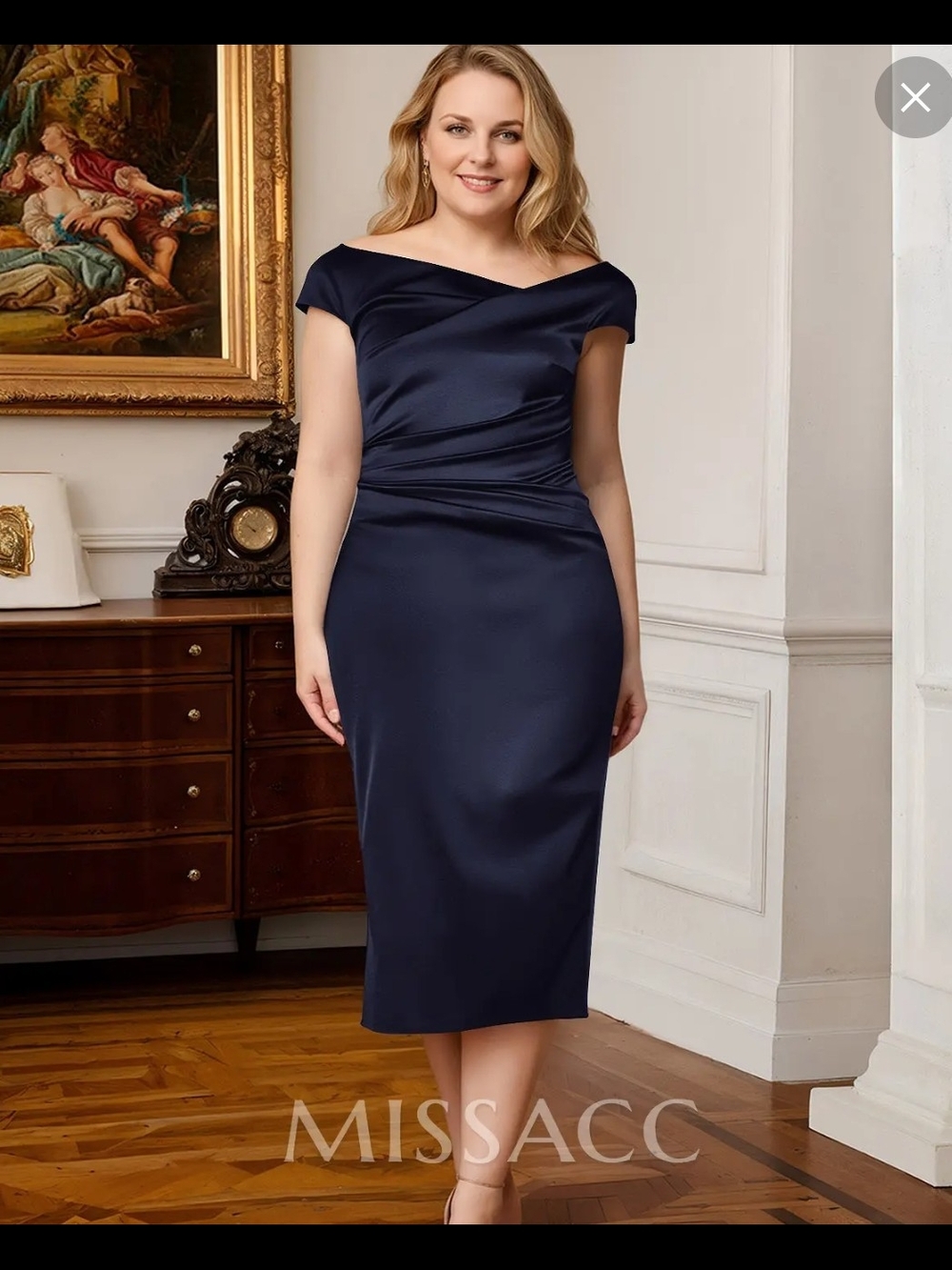 Missacc Navy Off-Shoulder Satin Midi Dress